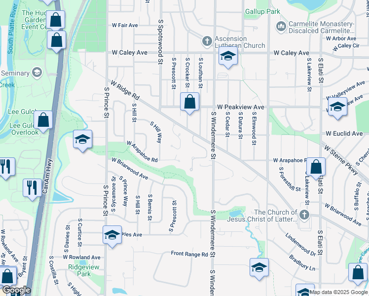 map of restaurants, bars, coffee shops, grocery stores, and more near 6735 South Crocker Way in Littleton