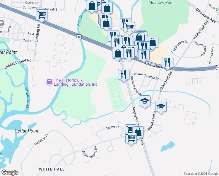 map of restaurants, bars, coffee shops, grocery stores, and more near 16 Kent Road in Elkton