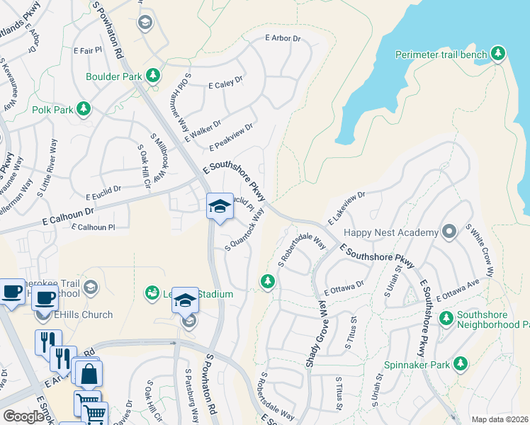 map of restaurants, bars, coffee shops, grocery stores, and more near 6658 South Quantock Way in Aurora