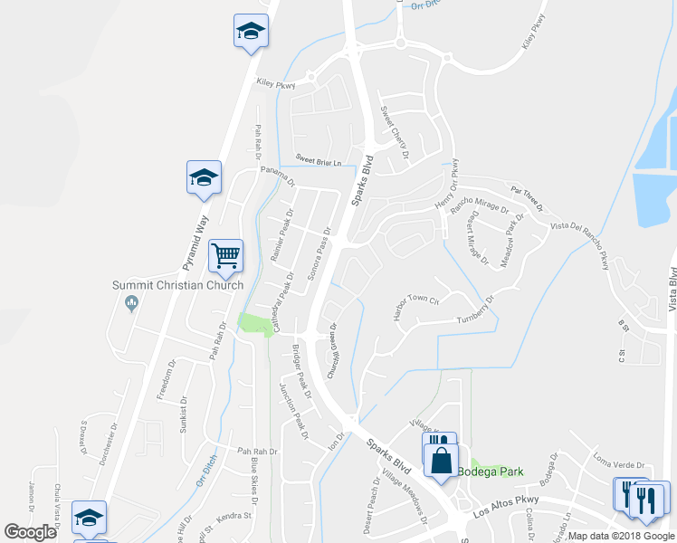 map of restaurants, bars, coffee shops, grocery stores, and more near 5755 Crooked Stick Way in Sparks