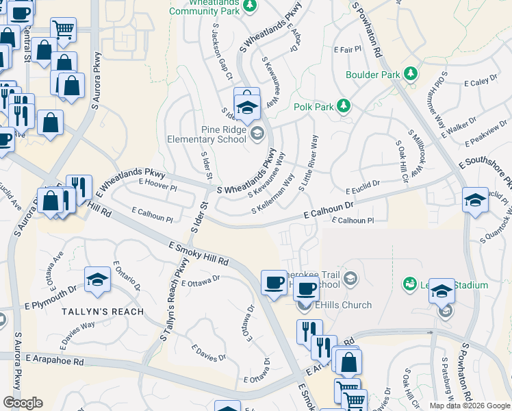 map of restaurants, bars, coffee shops, grocery stores, and more near 6673 South Kellerman Court in Aurora