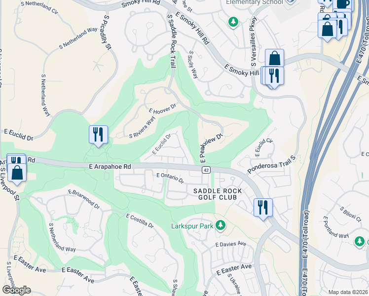 map of restaurants, bars, coffee shops, grocery stores, and more near 22309 East Euclid Drive in Aurora