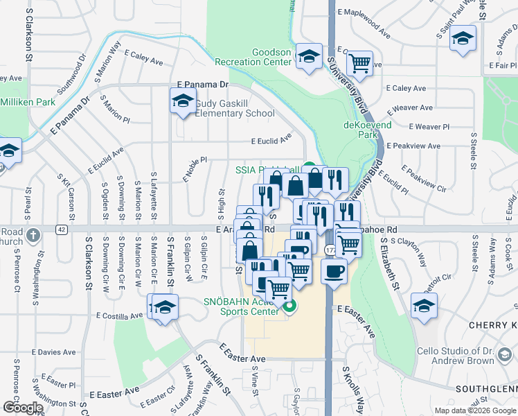 map of restaurants, bars, coffee shops, grocery stores, and more near 2101 East Arapahoe Road in Littleton