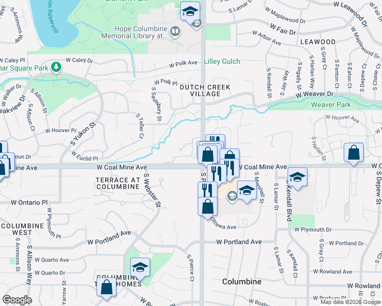 map of restaurants, bars, coffee shops, grocery stores, and more near 6636 South Reed Way in Littleton