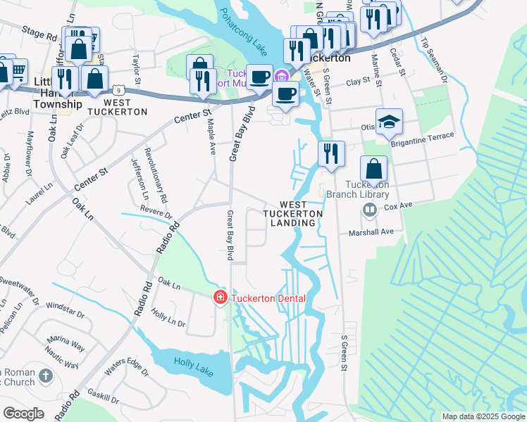 map of restaurants, bars, coffee shops, grocery stores, and more near 15 Sabre Road in Tuckerton