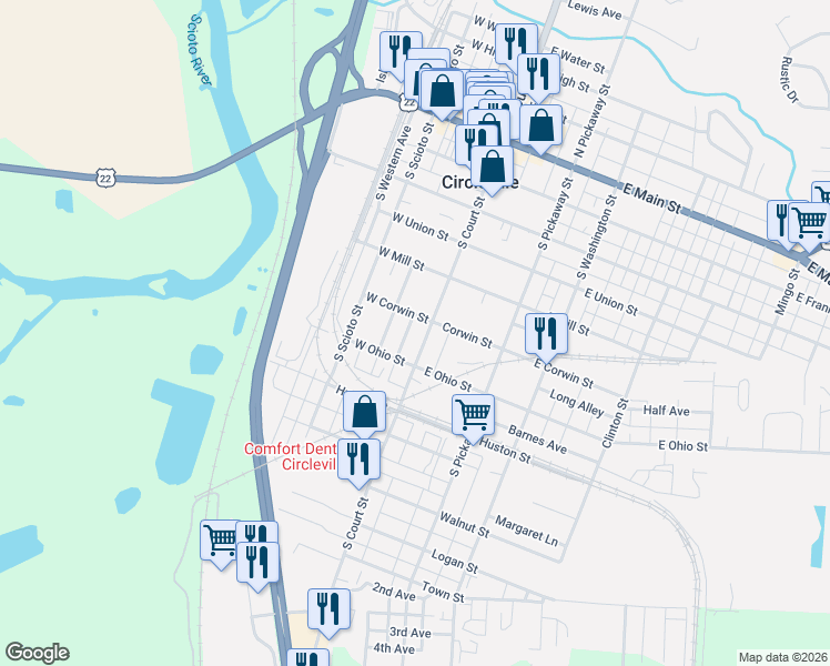 map of restaurants, bars, coffee shops, grocery stores, and more near 629 South Court Street in Circleville