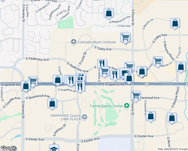map of restaurants, bars, coffee shops, grocery stores, and more near 11551 East Arapahoe Road in Englewood