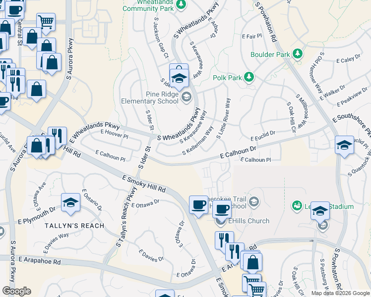 map of restaurants, bars, coffee shops, grocery stores, and more near 6673 South Kellerman Court in Aurora