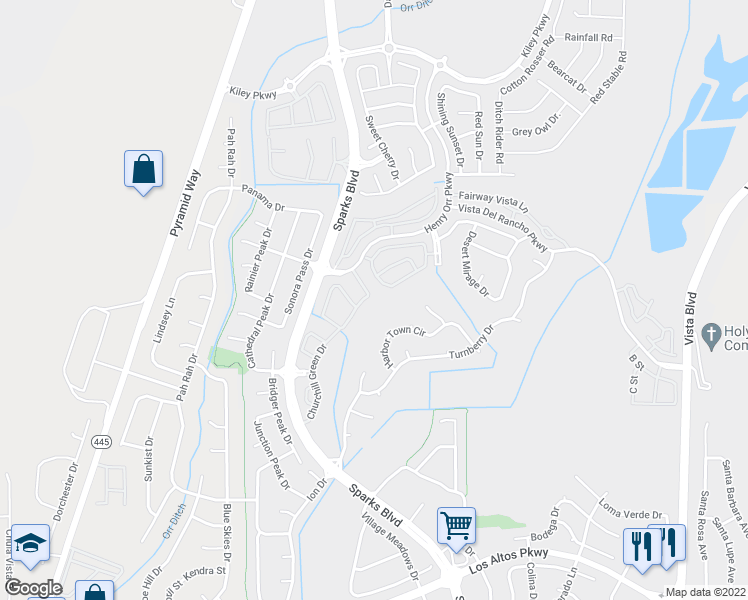 map of restaurants, bars, coffee shops, grocery stores, and more near 5750 Pumpkin Ridge Drive in Sparks