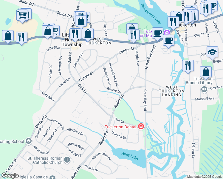 map of restaurants, bars, coffee shops, grocery stores, and more near 170 Revere Drive in Little Egg Harbor Township
