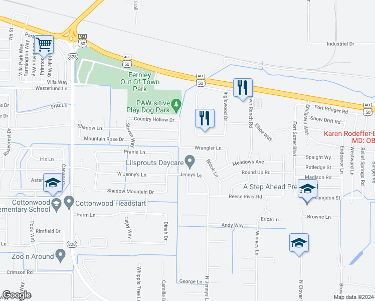 map of restaurants, bars, coffee shops, grocery stores, and more near 1505 Wrangler Lane in Fernley