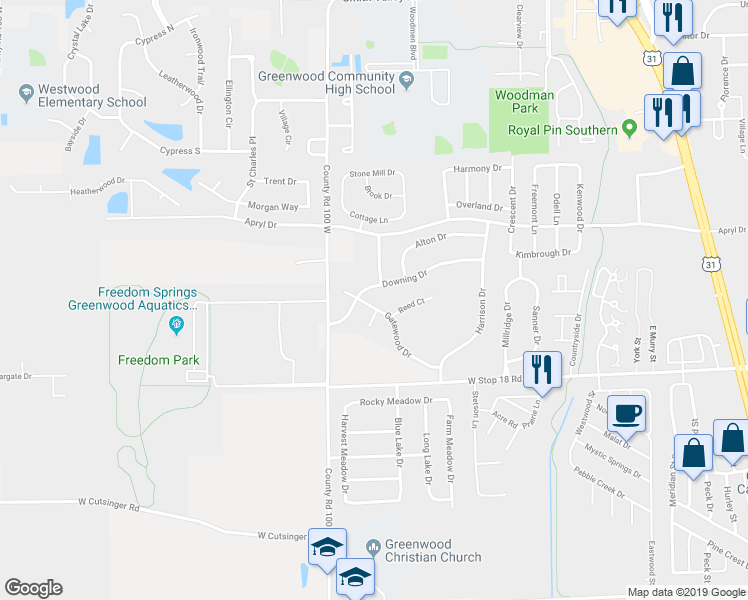 map of restaurants, bars, coffee shops, grocery stores, and more near 710 Gatewood Drive in Greenwood