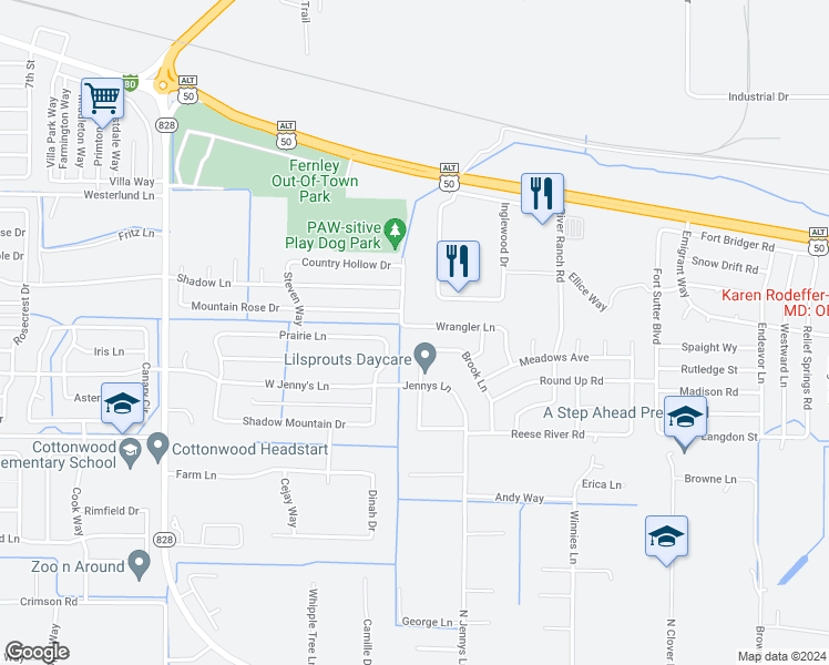 map of restaurants, bars, coffee shops, grocery stores, and more near 1503 Wrangler Lane in Fernley