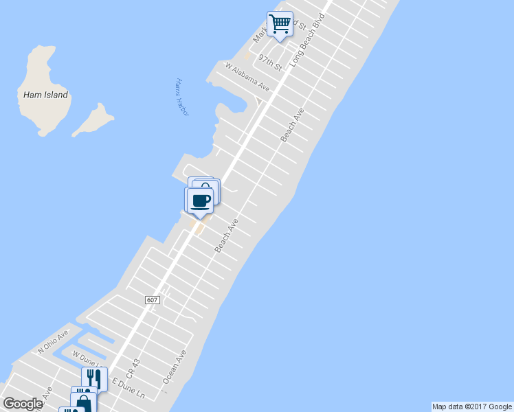 map of restaurants, bars, coffee shops, grocery stores, and more near 106 Rose Court in Long Beach Township