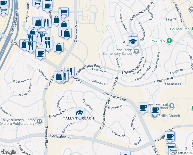 map of restaurants, bars, coffee shops, grocery stores, and more near 24856 East Calhoun Place in Aurora
