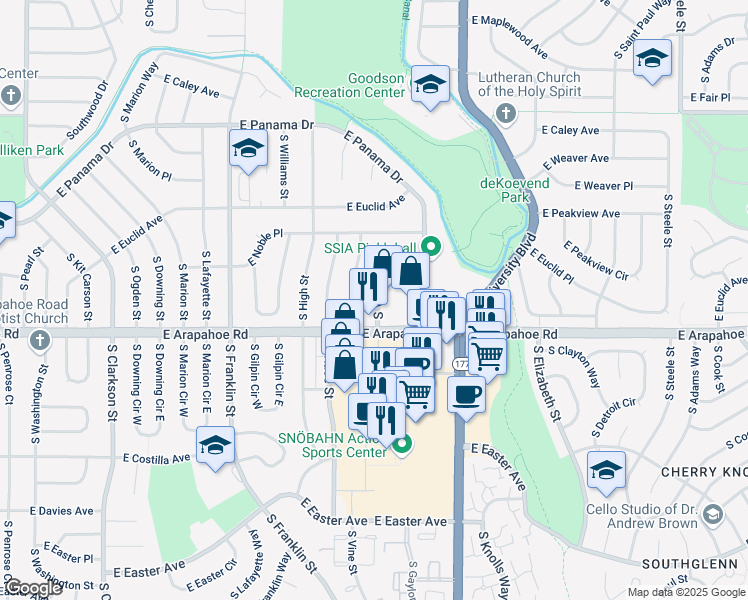 map of restaurants, bars, coffee shops, grocery stores, and more near 2101 East Arapahoe Road in Littleton