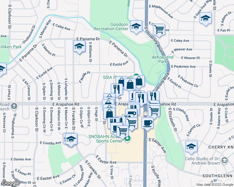 map of restaurants, bars, coffee shops, grocery stores, and more near 2101 East Arapahoe Road in Littleton