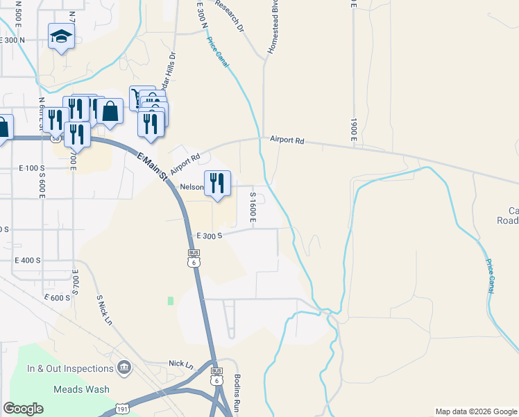 map of restaurants, bars, coffee shops, grocery stores, and more near 275 South 1600 East in Price