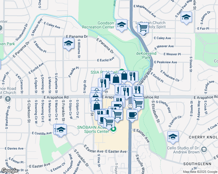 map of restaurants, bars, coffee shops, grocery stores, and more near 2101 East Arapahoe Road in Littleton