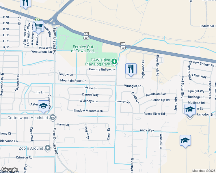 map of restaurants, bars, coffee shops, grocery stores, and more near 1484 Mountain Rose Drive in Fernley
