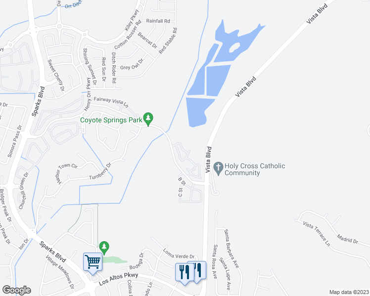 map of restaurants, bars, coffee shops, grocery stores, and more near 5770 Vista Serena Way in Sparks