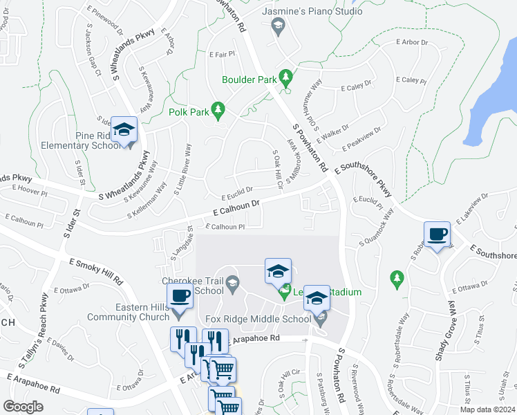 map of restaurants, bars, coffee shops, grocery stores, and more near 6601 South Newbern Court in Aurora