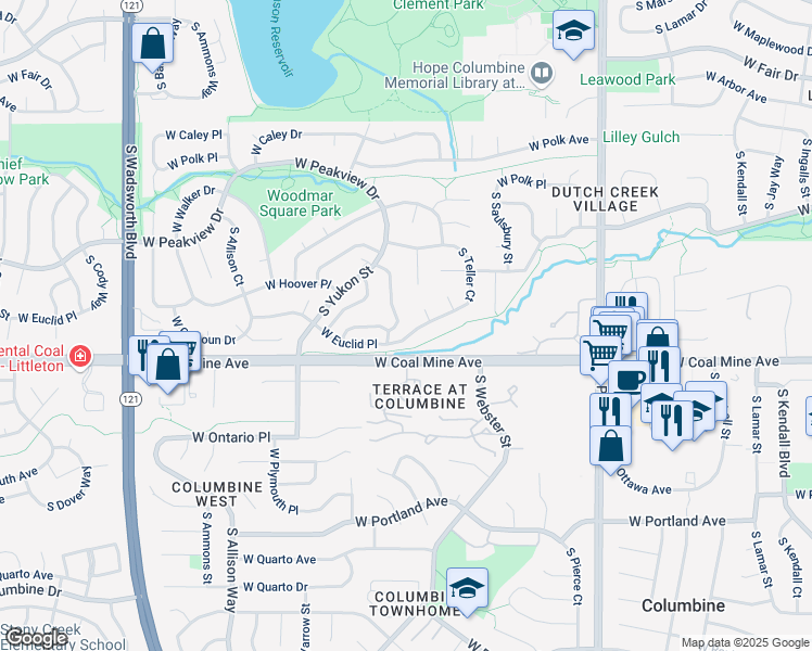 map of restaurants, bars, coffee shops, grocery stores, and more near 6605 South Webster Street in Littleton