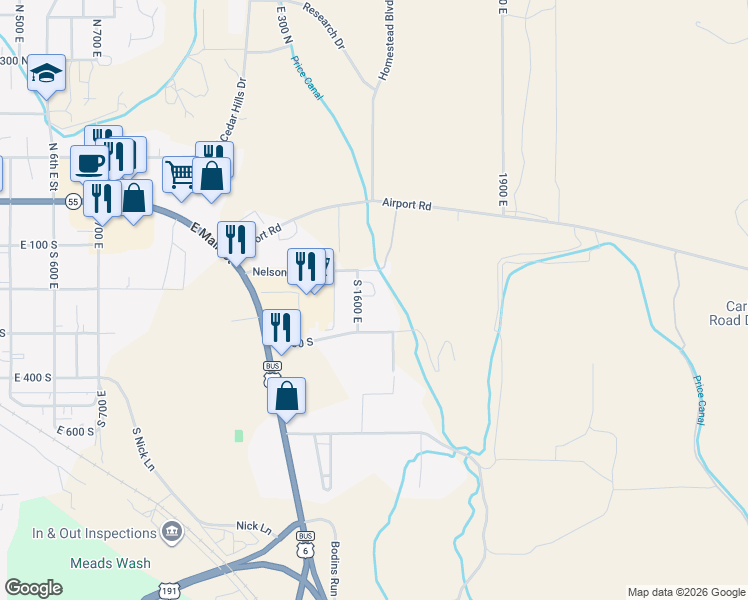 map of restaurants, bars, coffee shops, grocery stores, and more near 1440 East 150 South in Price