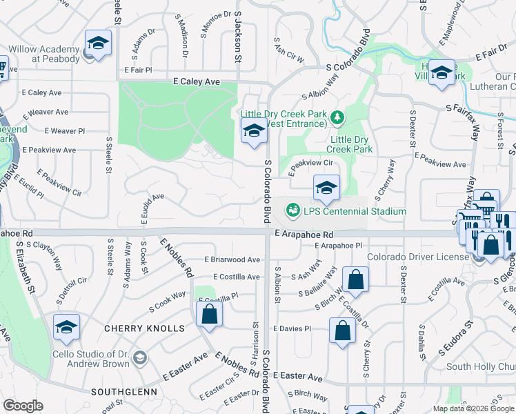 map of restaurants, bars, coffee shops, grocery stores, and more near 3969 East Arapahoe Road in Centennial