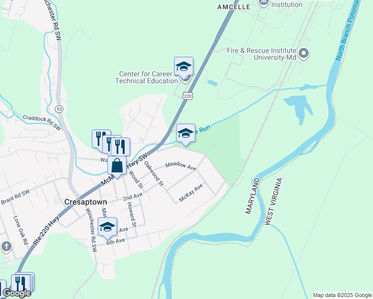map of restaurants, bars, coffee shops, grocery stores, and more near in Cresaptown