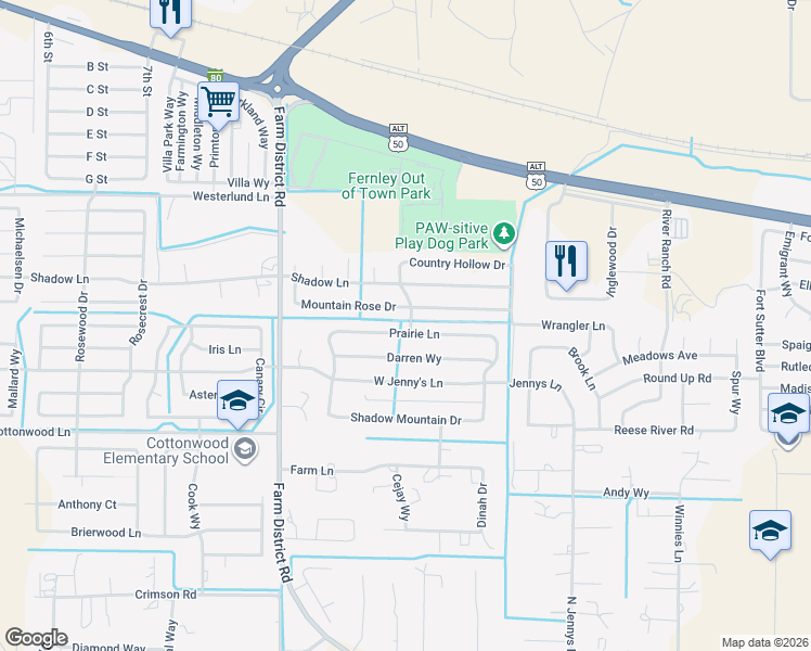 map of restaurants, bars, coffee shops, grocery stores, and more near 142 Prairie Lane in Fernley