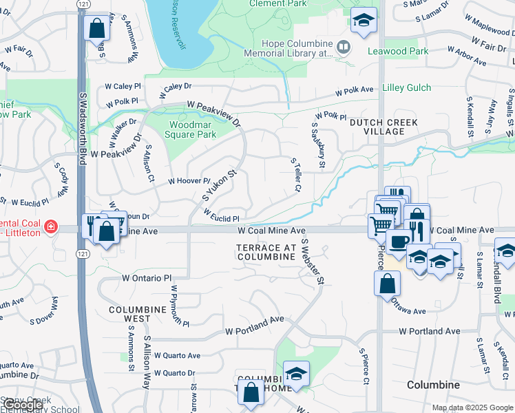 map of restaurants, bars, coffee shops, grocery stores, and more near 6605 South Webster Street in Littleton