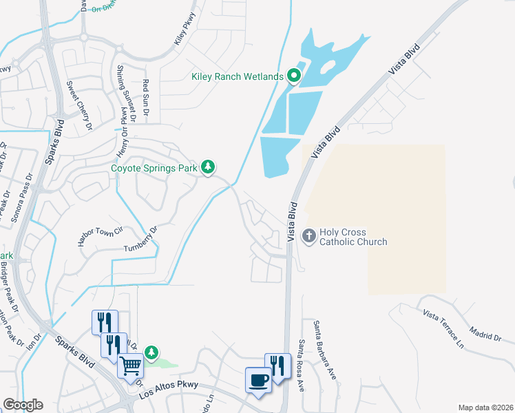 map of restaurants, bars, coffee shops, grocery stores, and more near 5770 Vista Serena Way in Sparks