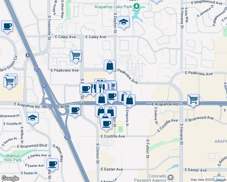 map of restaurants, bars, coffee shops, grocery stores, and more near 6615 South Dayton Street in Greenwood Village