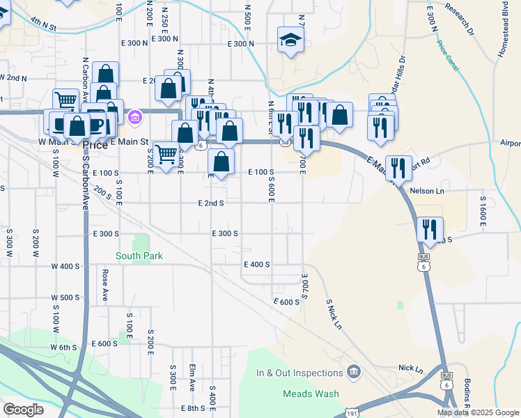 map of restaurants, bars, coffee shops, grocery stores, and more near 558 East 200 South in Price