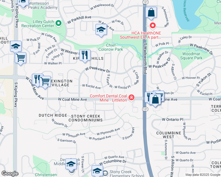 map of restaurants, bars, coffee shops, grocery stores, and more near 6594 South Dudley Way in Littleton