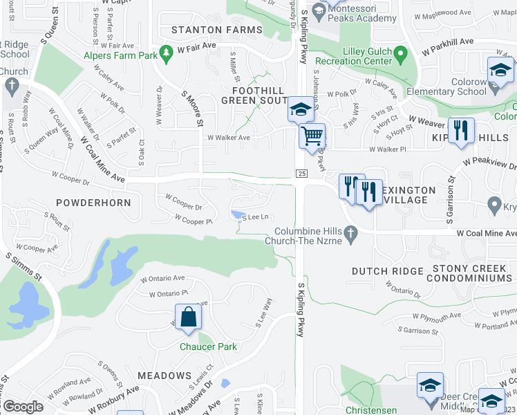 map of restaurants, bars, coffee shops, grocery stores, and more near 6315 South Kipling Parkway in Littleton