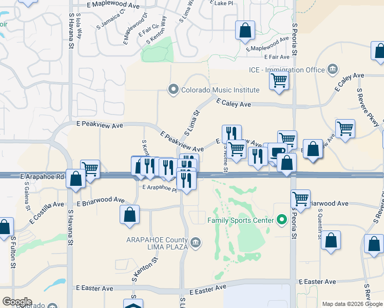 map of restaurants, bars, coffee shops, grocery stores, and more near 11450 East Peakview Avenue in Centennial