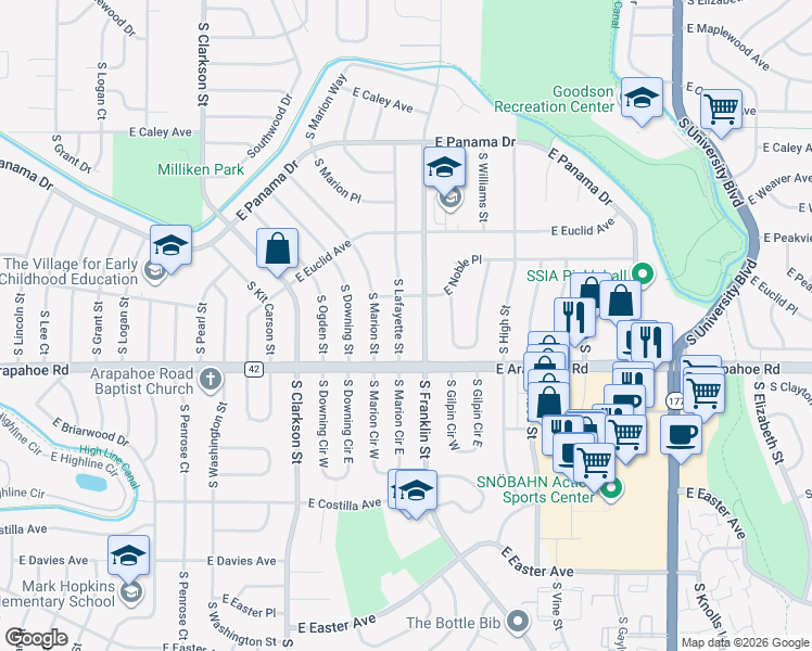 map of restaurants, bars, coffee shops, grocery stores, and more near 6609 South Lafayette Street in Centennial