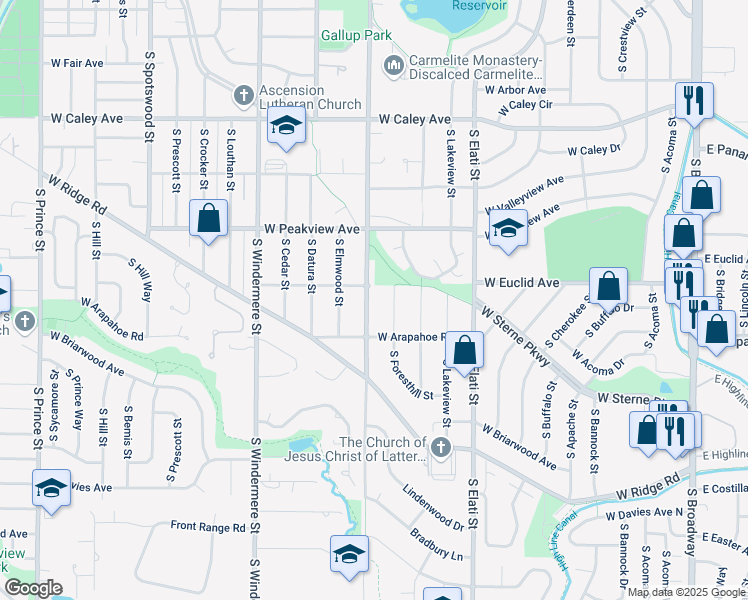 map of restaurants, bars, coffee shops, grocery stores, and more near 6599 South Foresthill Street in Littleton