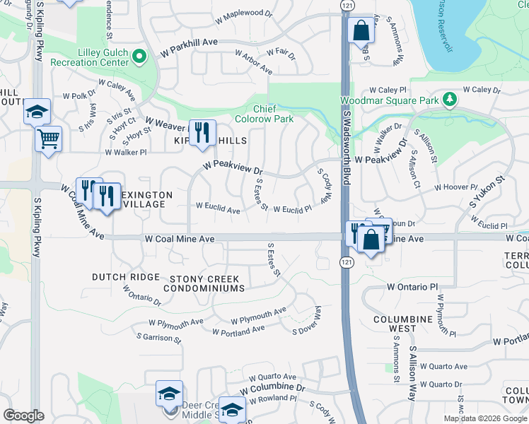 map of restaurants, bars, coffee shops, grocery stores, and more near 6594 South Dudley Way in Littleton