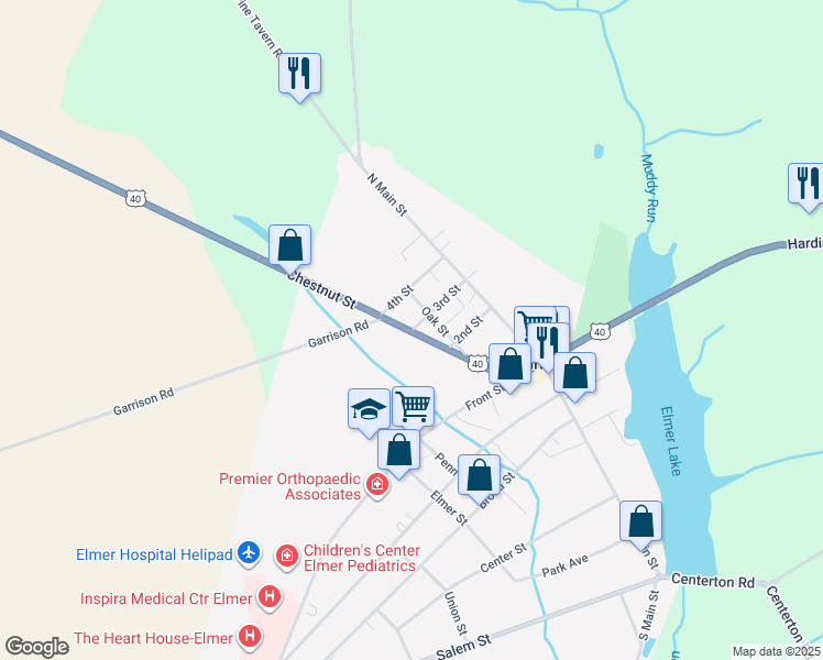 map of restaurants, bars, coffee shops, grocery stores, and more near 109 3rd Street in Elmer