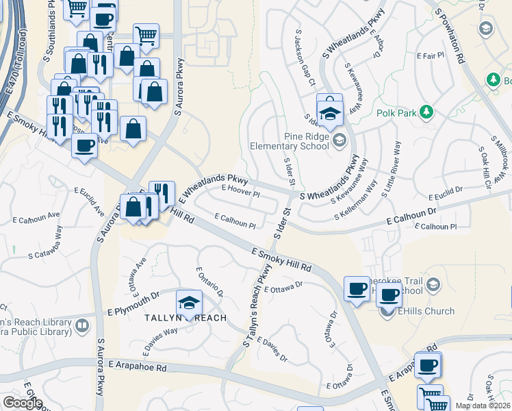 map of restaurants, bars, coffee shops, grocery stores, and more near 24881 East Euclid Place in Aurora