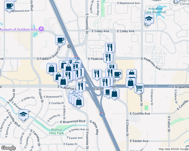 map of restaurants, bars, coffee shops, grocery stores, and more near 9009 East Arapahoe Road in Greenwood Village