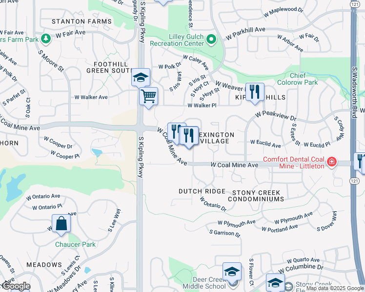 map of restaurants, bars, coffee shops, grocery stores, and more near 9773 West Euclid Drive in Littleton