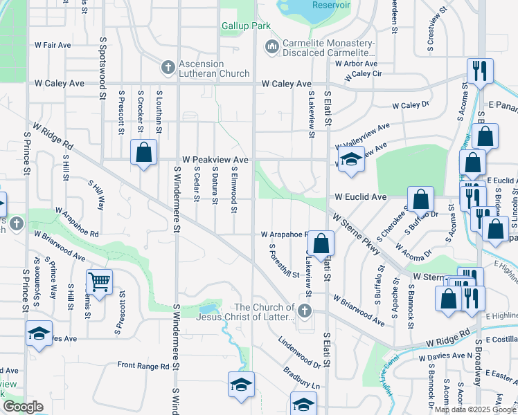 map of restaurants, bars, coffee shops, grocery stores, and more near 6599 South Foresthill Street in Littleton