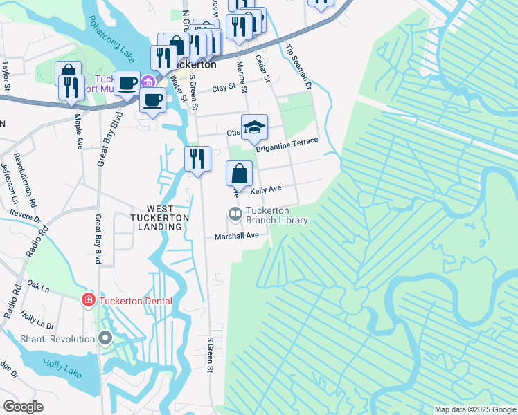 map of restaurants, bars, coffee shops, grocery stores, and more near 363 Marine Street in Tuckerton