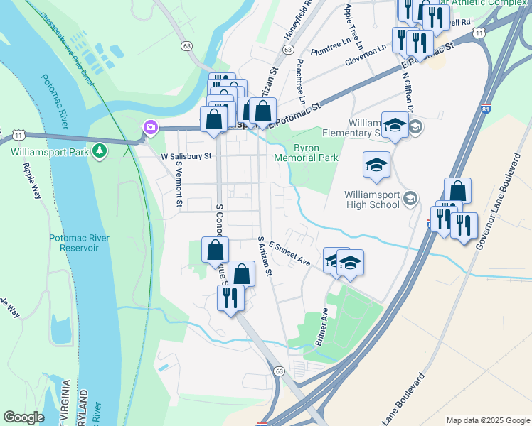 map of restaurants, bars, coffee shops, grocery stores, and more near 127 South Artizan Street in Williamsport
