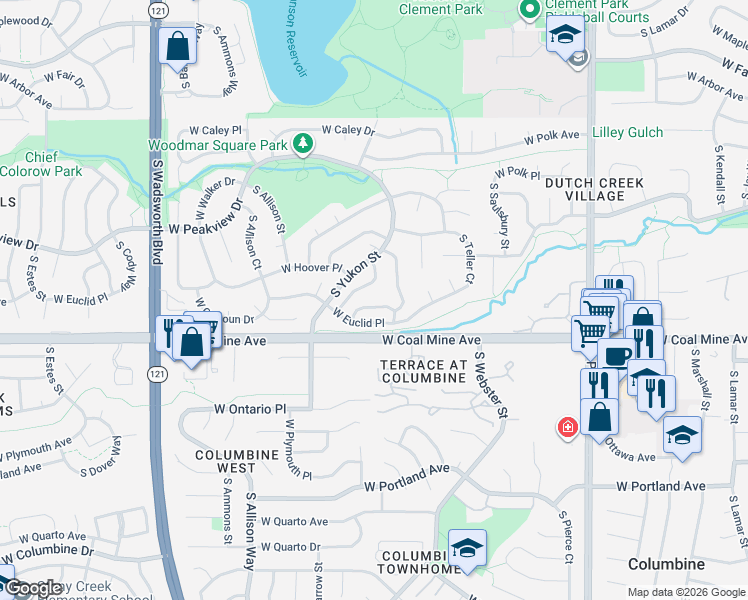 map of restaurants, bars, coffee shops, grocery stores, and more near 6617 South Yukon Way in Littleton