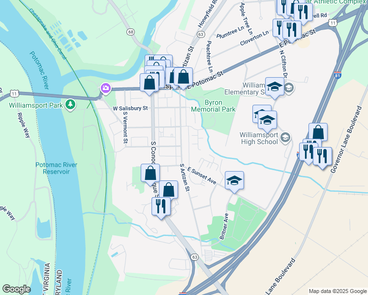 map of restaurants, bars, coffee shops, grocery stores, and more near 127 South Artizan Street in Williamsport